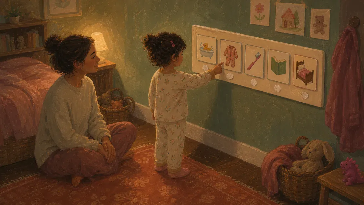 Toddler pointing at a velcro picture routine chart on the wall at bedtime