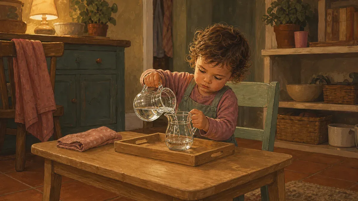 Toddler pouring water between two small glass pitchers at a child-height table