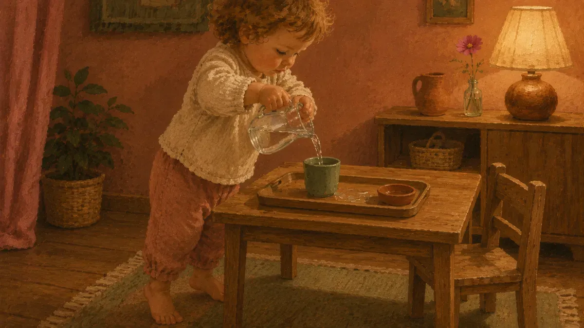 Toddler pouring water from a small glass pitcher at a child-sized table, Montessori practical life setup