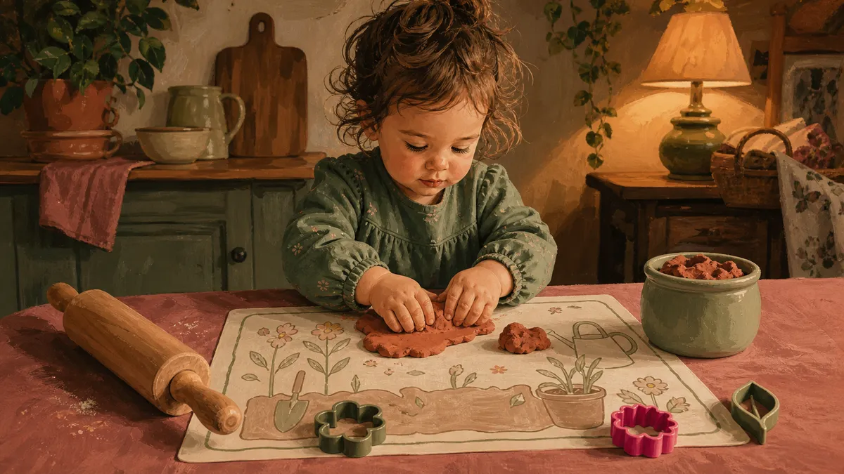 Toddler pressing colorful play dough onto a themed mat at a kitchen table, surrounded by simple tools and cookie cutters.