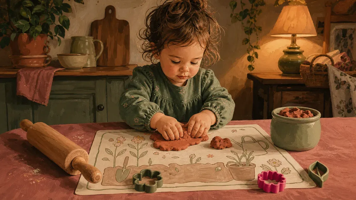 Toddler pressing colorful play dough onto a themed mat at a kitchen table, surrounded by simple tools and cookie cutters.