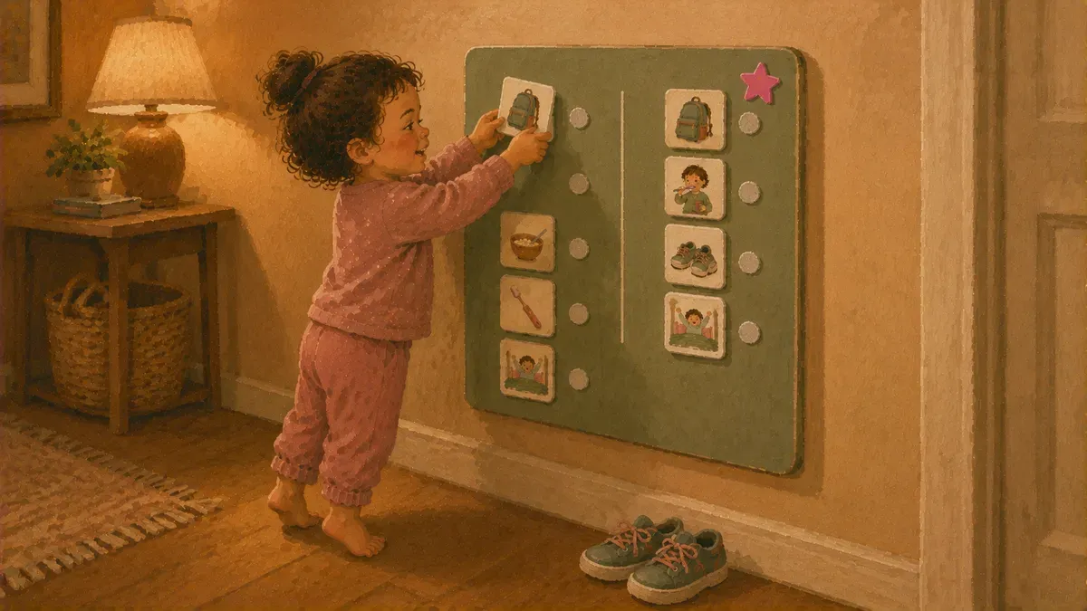 Toddler proudly checking off a completed morning routine card