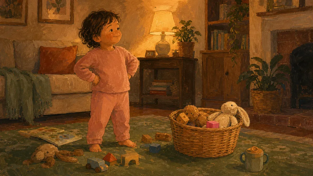 Toddler proudly putting toys into a basket during cleanup time