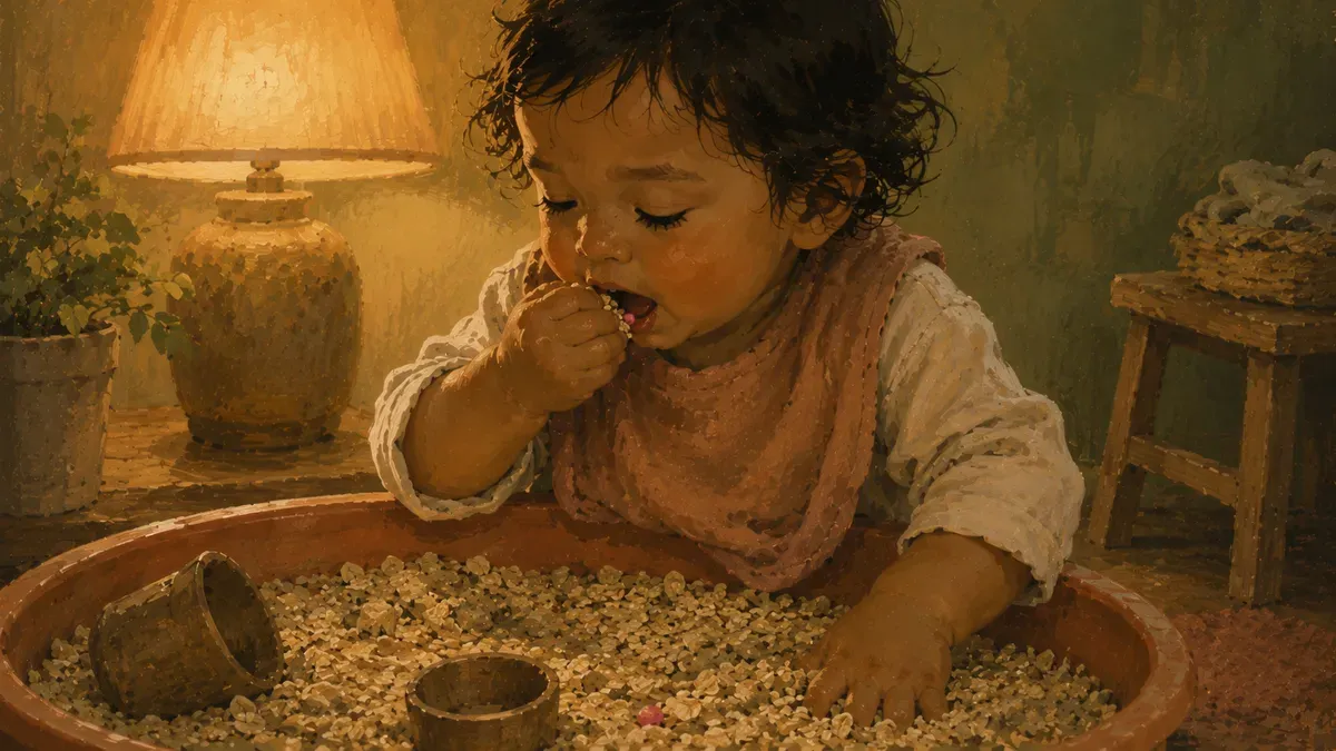 Toddler reaching into a bin of colorful edible sensory filler with hands and mouth