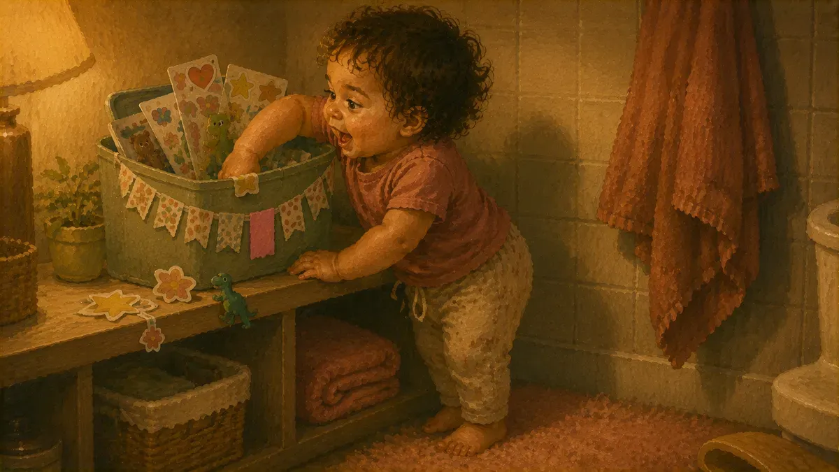 Toddler reaching into a decorated potty training prize box full of small toys