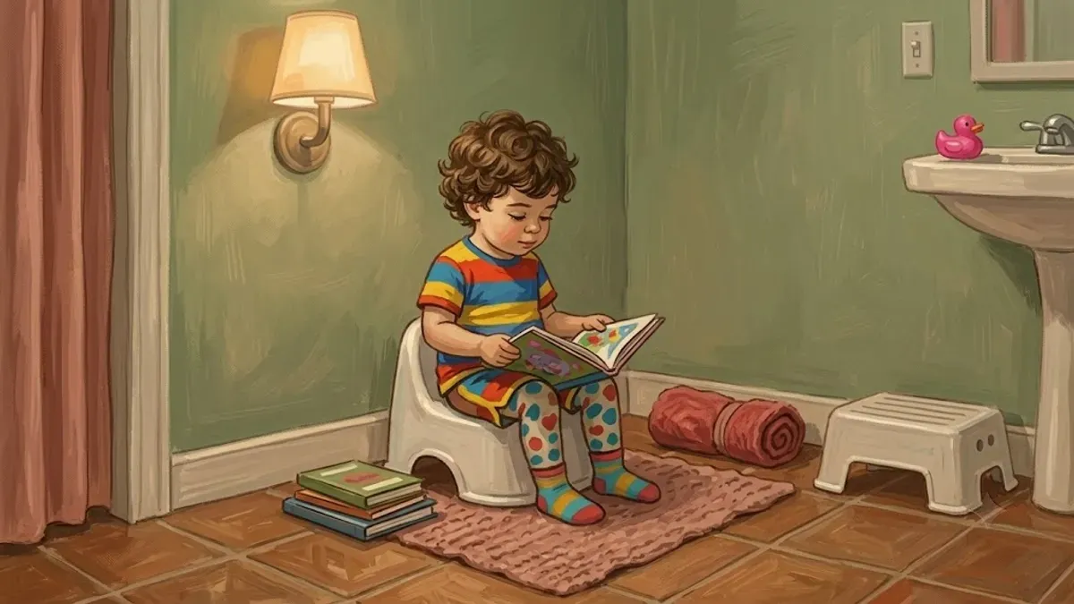 Toddler reading a picture book while sitting on a potty chair