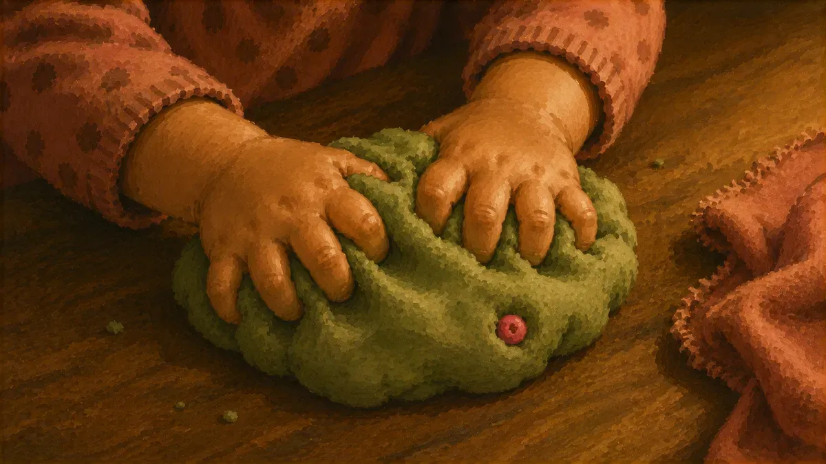 Toddler rolling a snake of playdough with both palms beside cookie cutters