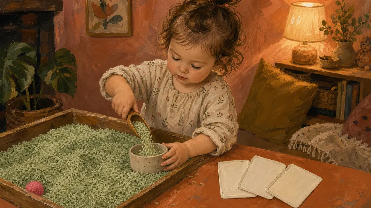 Toddler scooping dyed rice from a sensory table with small task cards laid out beside the bin.