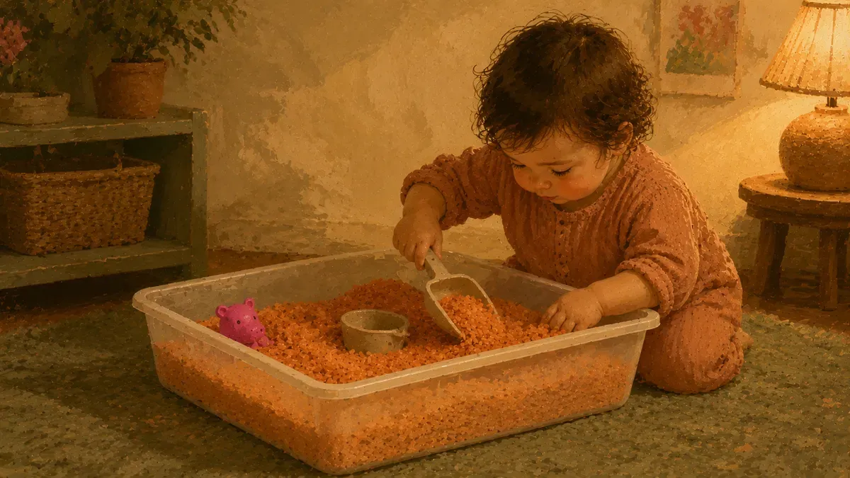 Toddler scooping dyed rice from a shallow plastic sensory bin
