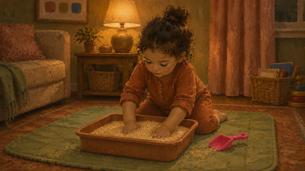 Toddler scooping rice in a shallow bin on a play mat in a living room