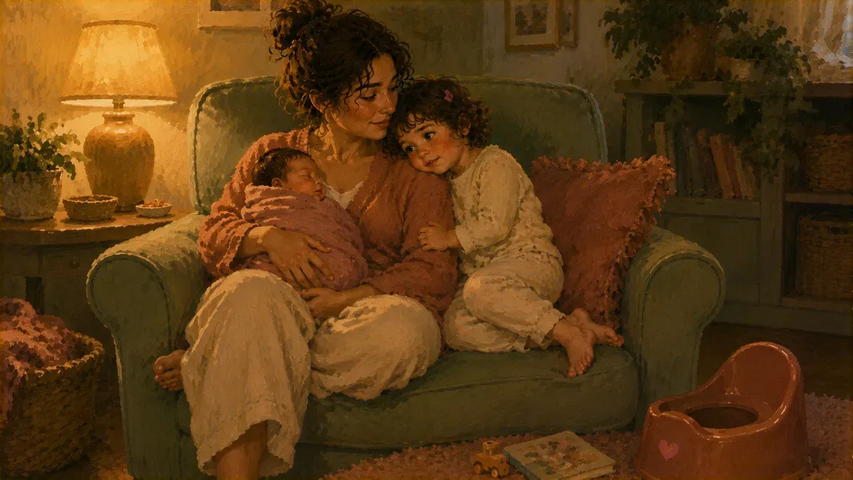 Toddler sitting beside a new baby on a parent's lap during potty regression after sibling arrival