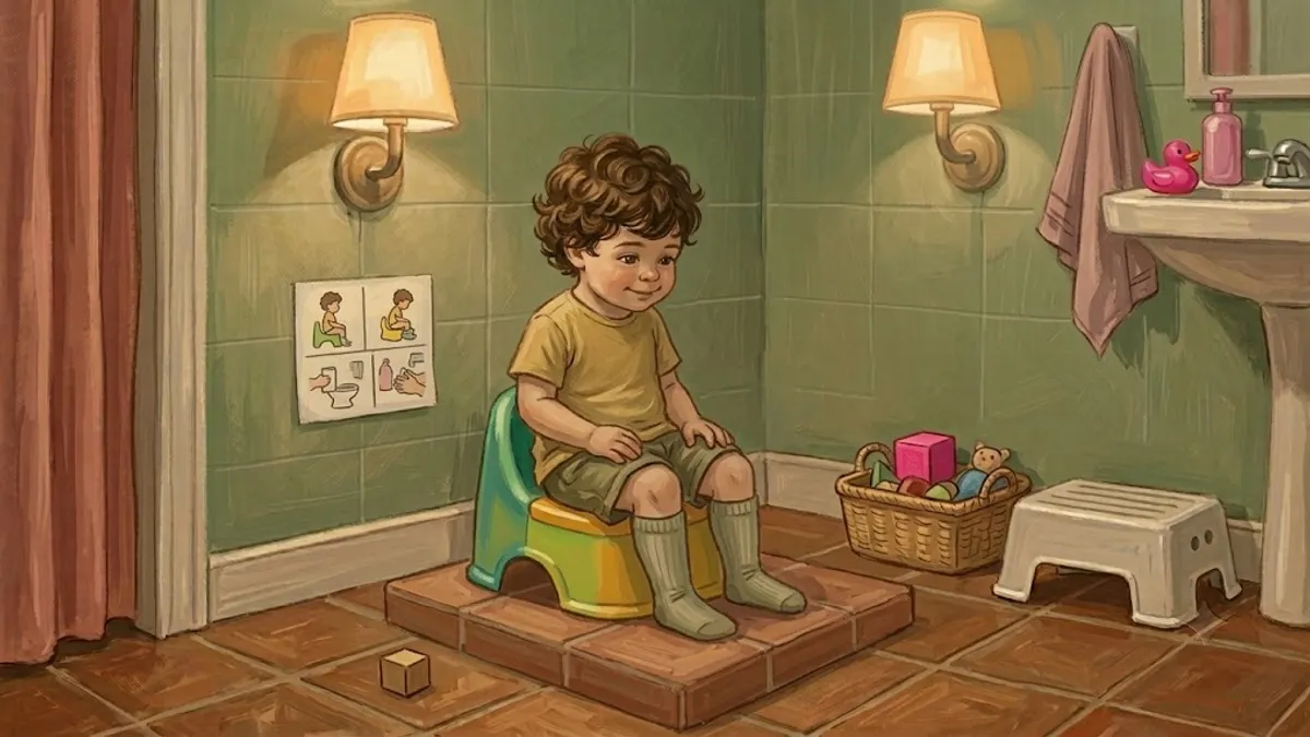 Toddler sitting on a colorful potty seat in a cheerful bathroom with a simple visual schedule taped to the wall at child height.