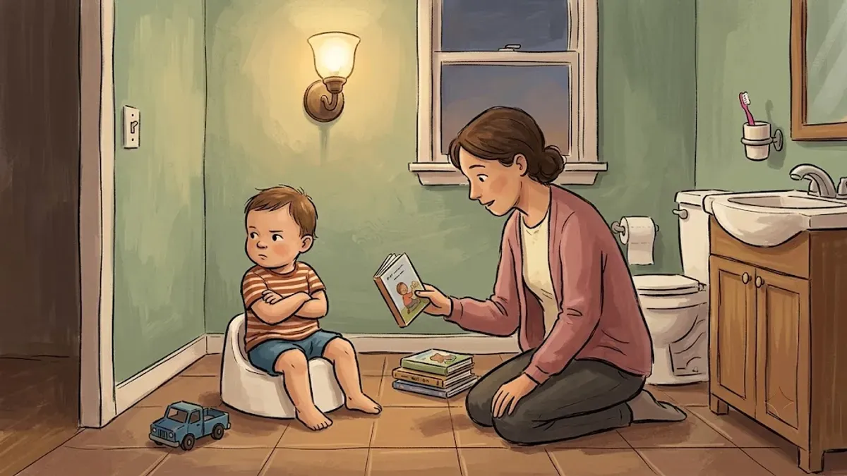 Toddler sitting on a small potty looking uninterested, parent kneeling nearby
