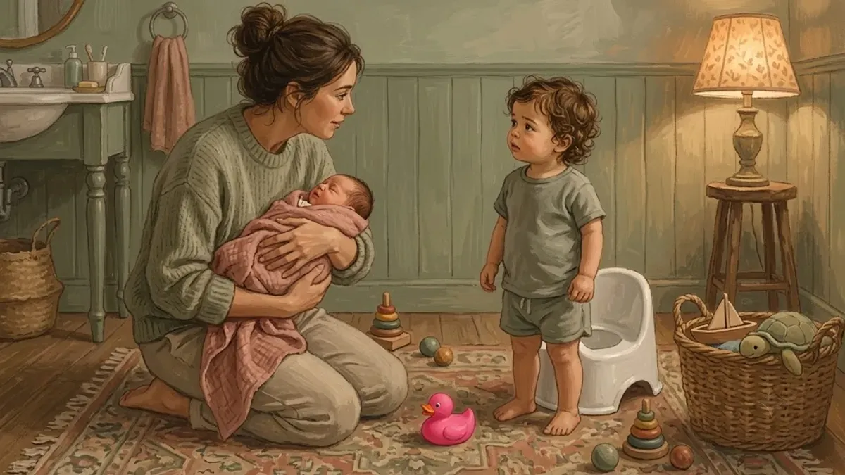 Toddler sitting on a small potty next to a parent holding a newborn baby