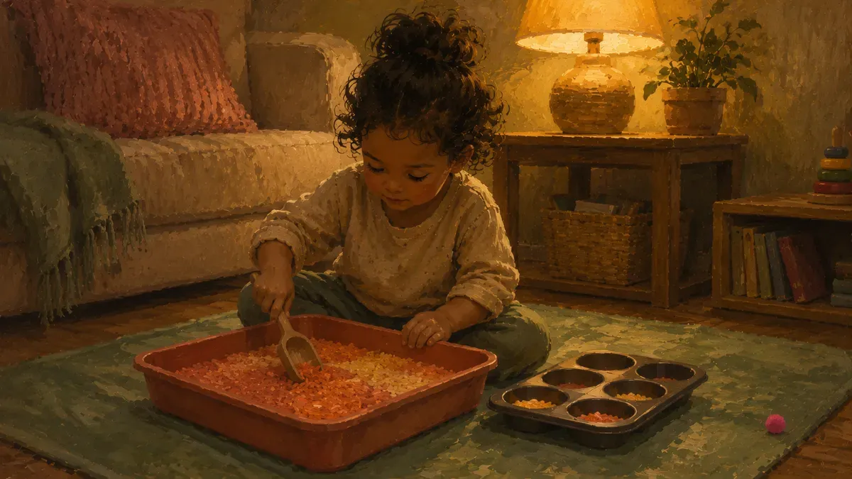 Toddler sitting on a waterproof mat exploring a shallow bin filled with dyed rice, small scoops, and a muffin tin in a cozy apartment living room.