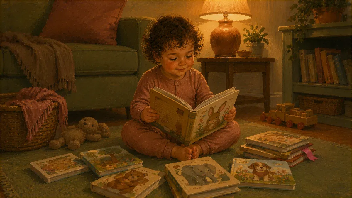 Toddler sitting with a stack of potty training picture books on the floor