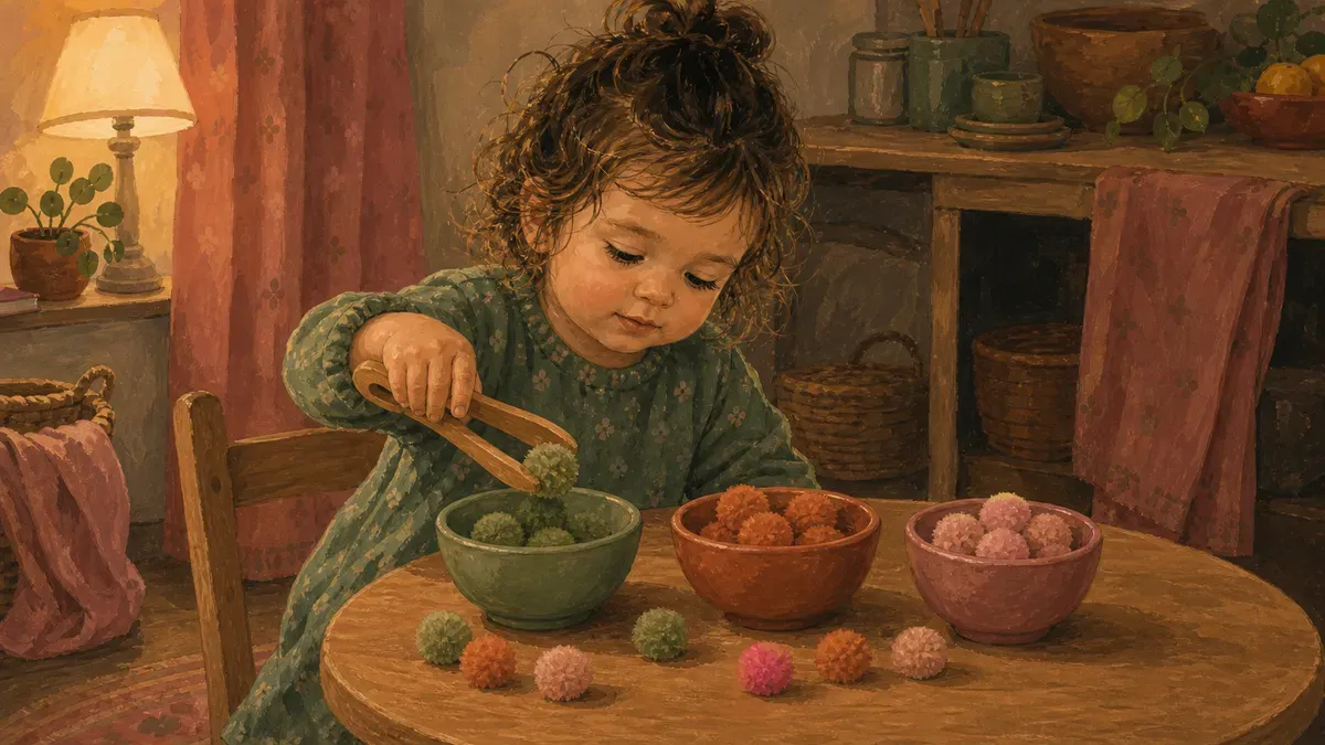 Toddler sorting colored pompoms into bowls with tongs at a child-sized table