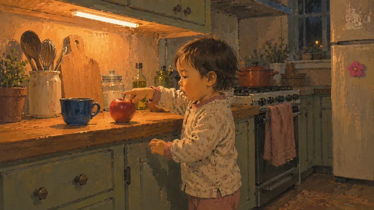 Toddler spotting a red apple and a blue cup in a kitchen