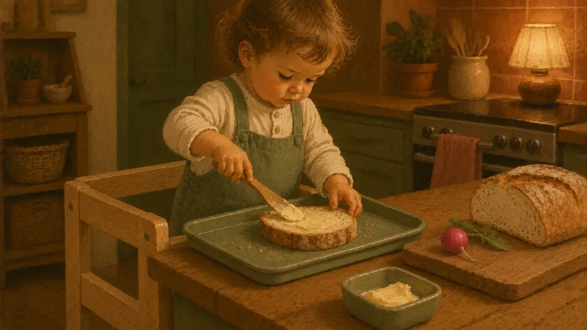Toddler spreading butter on bread with a child-safe knife at a Montessori kitchen helper tower