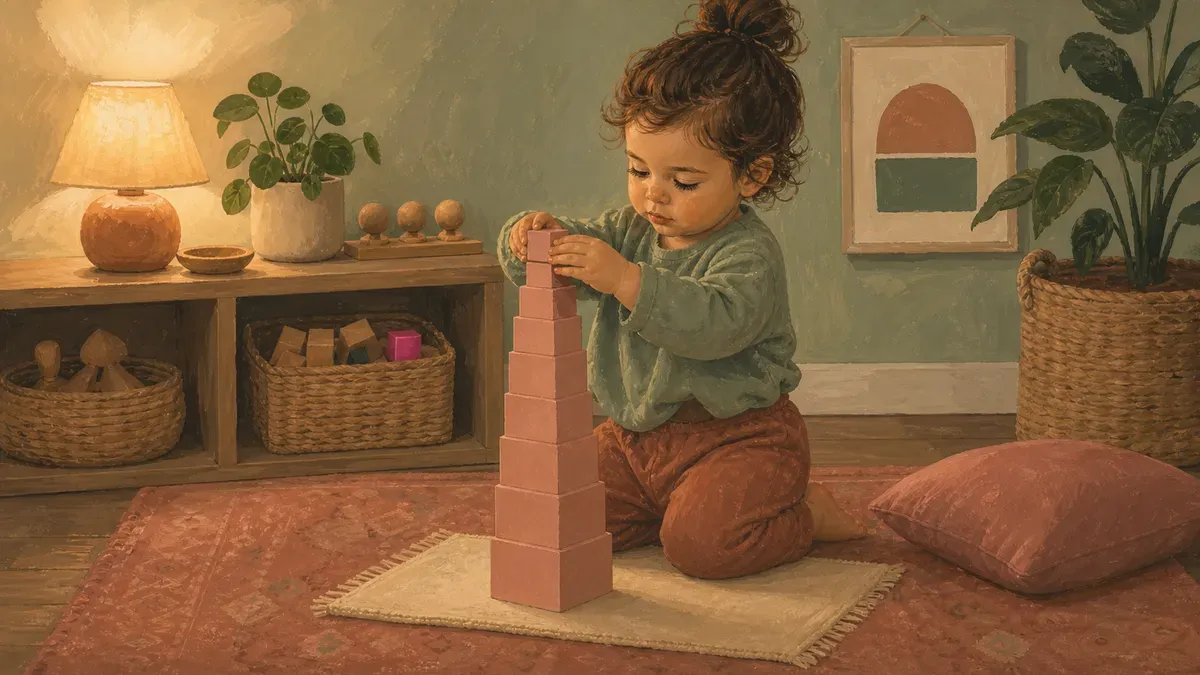Toddler stacking a wooden Pink Tower on a mat at home