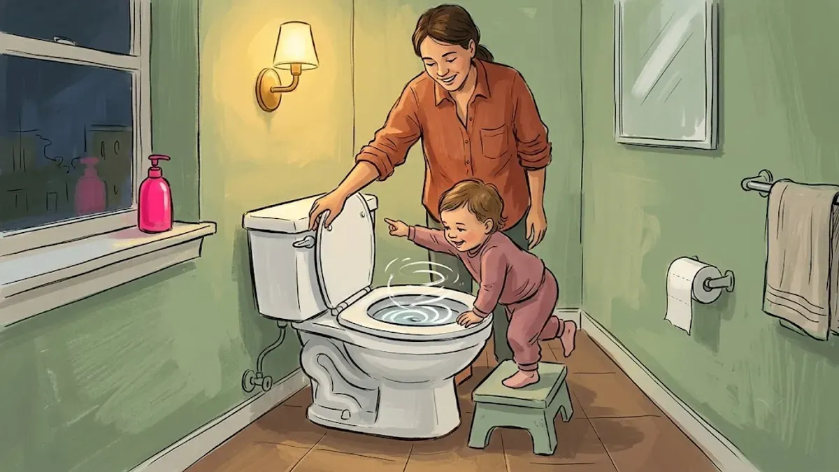 Toddler watching a parent flush the toilet, learning through everyday observation