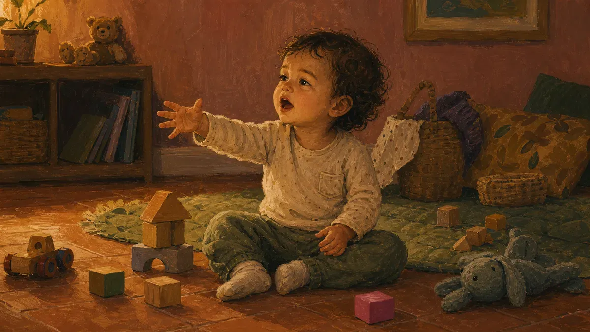 Toddler with ADHD struggling to find words while playing on the floor