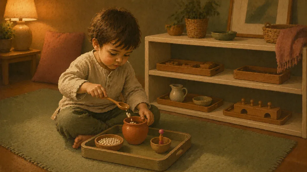 Toddler with ADHD working independently at a low Montessori shelf at home