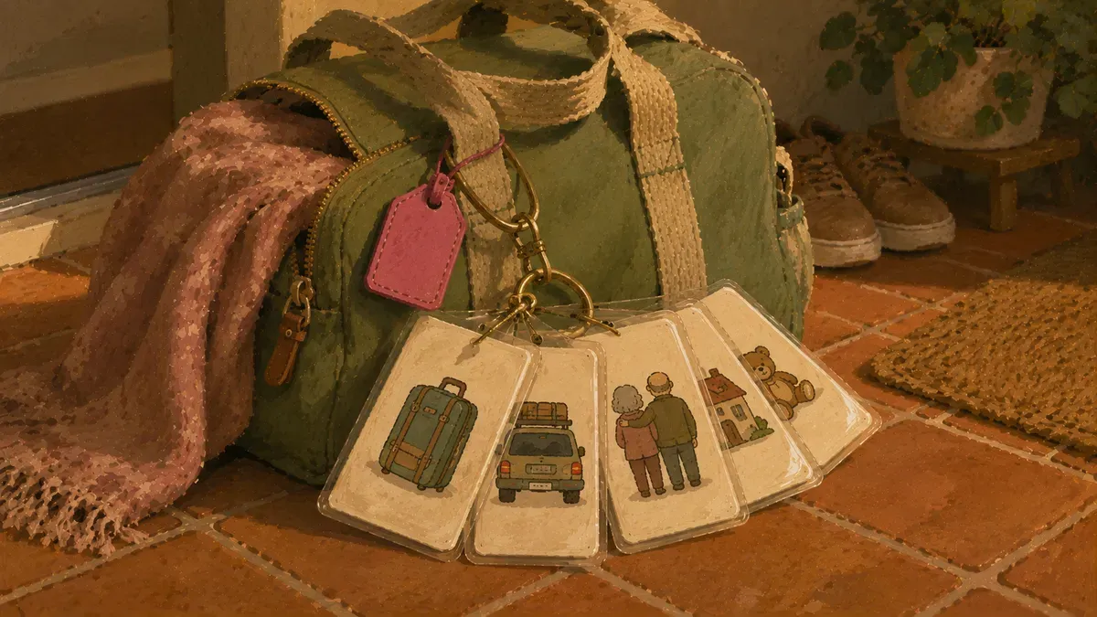 Travel-sized routine card set clipped to a ring for holidays and trips