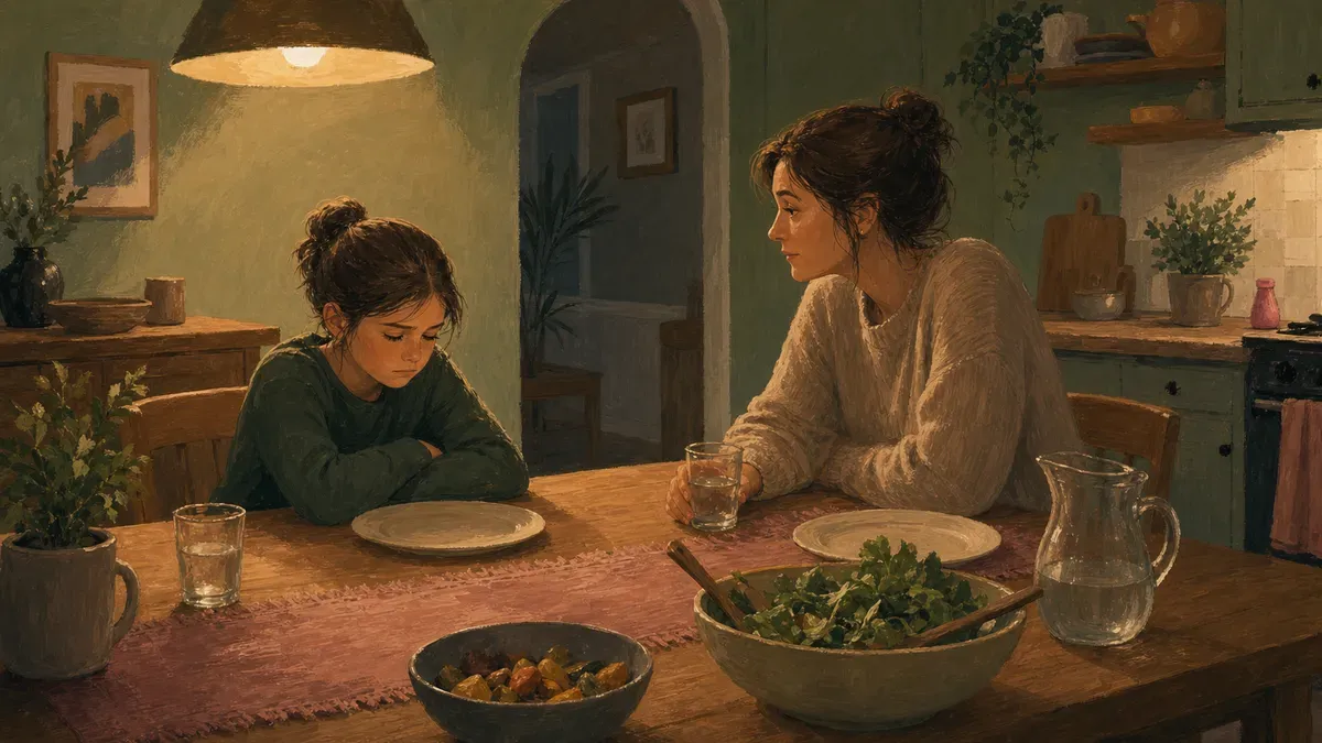 Tween sitting silent at the dinner table while a parent waits for an answer