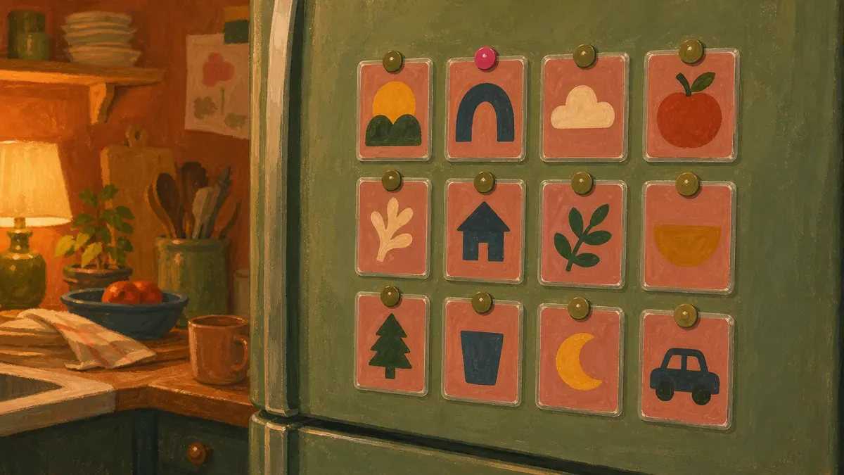 Twelve picture communication cards arranged on a refrigerator door with magnets