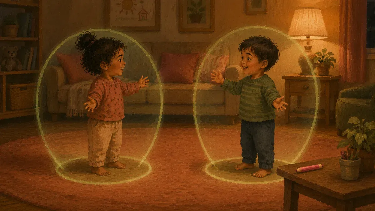 Two children with a friendly space bubble drawn around each of them, illustrated in a simple and approachable style