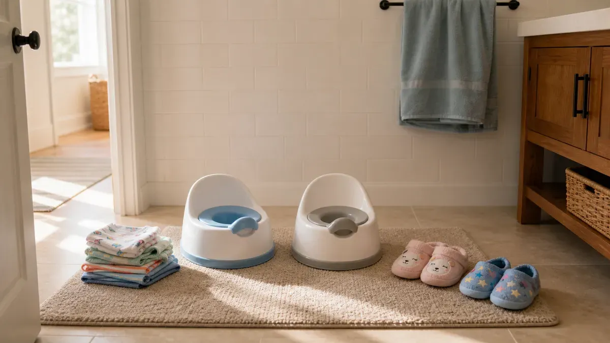 Two toddlers, a boy and a girl, sitting on potties side by side