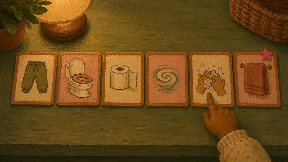 Visual schedule strip showing the potty steps from feeling the urge to washing hands