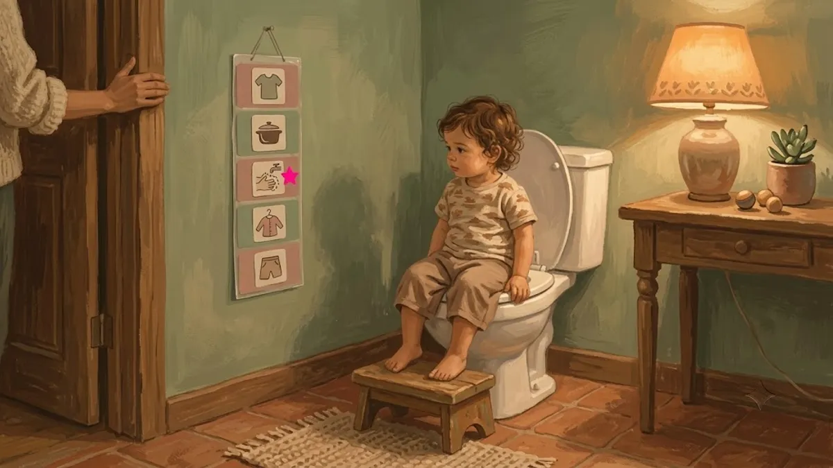 Visual schedule taped to a bathroom wall beside a small training potty, with a calm toddler nearby and sensory-friendly dim lighting in the background.