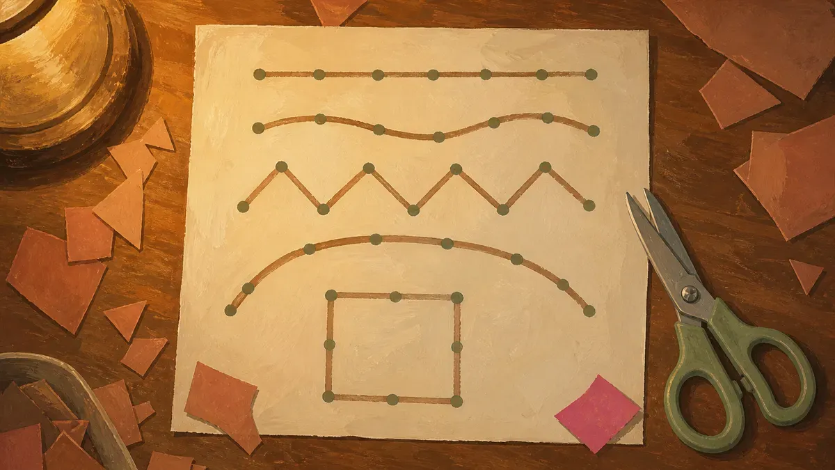 Worksheet sheet showing the line progression from straight to wavy to zigzag to curved to shapes