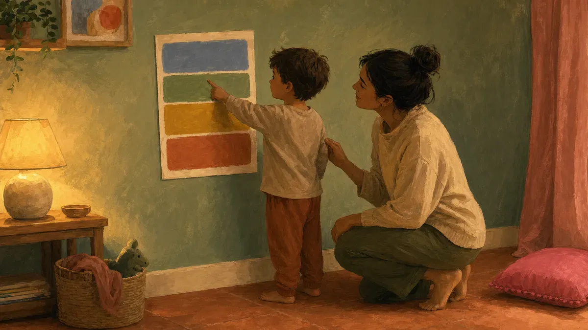 Young child pointing to a colorful four-zone feelings chart on the wall while a parent kneels beside them at eye level.