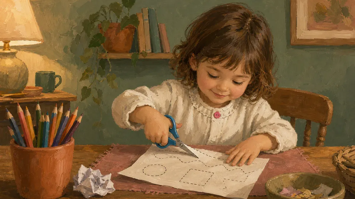 Young child sitting at a table using child-safe scissors to cut along a dotted line on a colorful scissor practice worksheet.